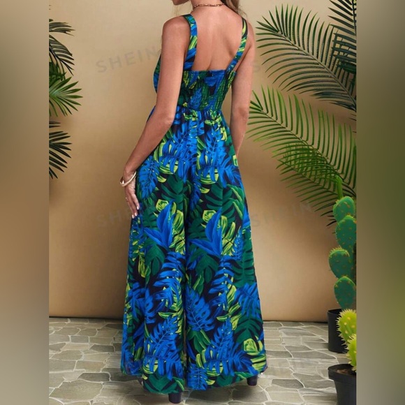 SHEIN VCAY Vacation Style Botanical Printed Spaghetti Strap Jumpsuit - Picture 5 of 7